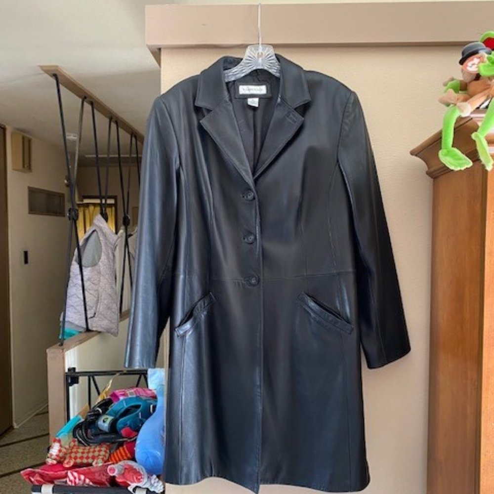 Preston & York Mid-Length Black Leather Coat Jacket Women's Large